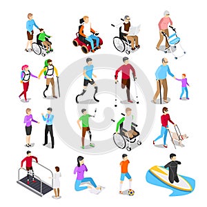 Isometric disabled people. Disability care, disabled elderly senior in wheelchair and limb prosthetics vector set