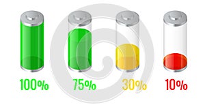 Isometric discharged and fully charged battery energy for mobile phone. Battery charge indicator icons. Accumulator