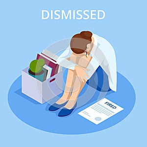 Isometric dismissed frustrated business person holding a box with his things. Unemployment, crisis, jobless and employee