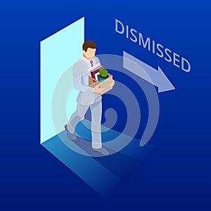 Isometric dismissed frustrated business person holding a box with his things. Unemployment, crisis, jobless and employee