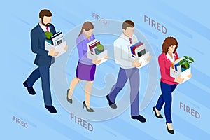 Isometric dismissed frustrated business person holding a box with his things. Unemployment, crisis, jobless and employee