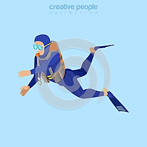 Isometric diver in aqualung. Flat 3d isometry. Cre