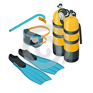 Isometric Diving equipment. Aqualung mask tube and flippers for diving vector illustration isolated on white background
