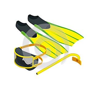 Isometric Diving equipment. Aqualung mask tube and flippers for diving vector illustration isolated on white background