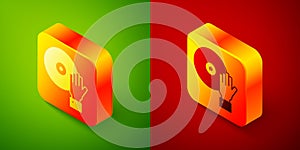 Isometric DJ playing music icon isolated on green and red background. Square button. Vector