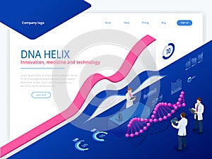 Isometric DNA helix, DNA Analysing concept. Digital blue background. Innovation, medicine, and technology. Web page or