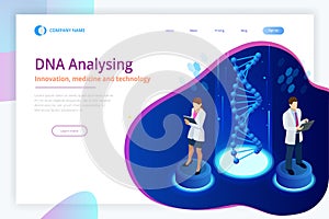 Isometric DNA helix, DNA Analysing concept. Digital blue background. Innovation, medicine, and technology. Web page or