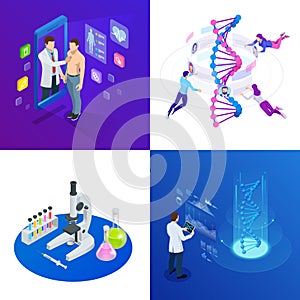 Isometric DNA helix, DNA Analysing concept. Digital blue background. Innovation, medicine, and technology.