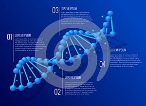 Isometric DNA helix, DNA Analysing concept. Digital blue background. Innovation, medicine, and technology. Abstract