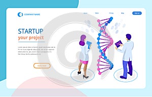 Isometric DNA helix, DNA Analysing concept. Digital blue background. Innovation, medicine, and technology. Web page or