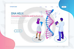 Isometric DNA helix, DNA Analysing concept. Digital blue background. Innovation, medicine, and technology. Web page or