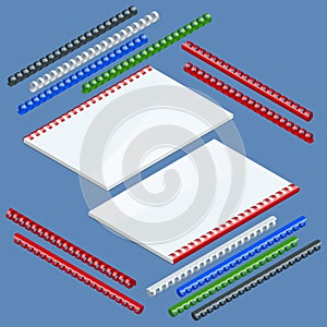 Isometric Document binding components and springs for fastening of catalogs, plastic springs for binding. Vector