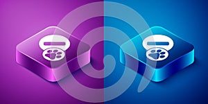 Isometric Dog pill icon isolated on blue and purple background. Prescription medicine for animal. Square button. Vector