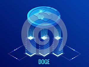 Isometric Dogecoin DOGE Cryptocurrency mining farm. Blockchain technology, cryptocurrency and a digital payment network