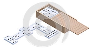 Isometric domino game. Table gaming, recreation dominoes in wooden box 3d vector illustration