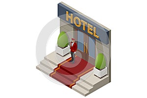 Isometric doorman standing in front of hotel entrance doors. Online hotel booking concept. People booking hotel and photo