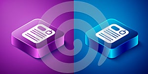 Isometric Dossier folder icon isolated on blue and purple background. Square button. Vector