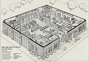 Isometric drawing of a fire rescue station floor plan. The building features multiple