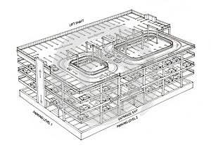 Isometric drawing of a multi-level parking structure with labeled