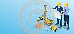 Isometric Drilling machine, Yellow Tractor with backhoe and loader, Large quarry dump truck and Builders On Building