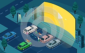 Isometric drive cinema, car open air movie theater