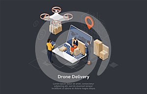 Isometric Drone Fast Delivery of goods with city map. Technological shipment innovation concept. Workers control the