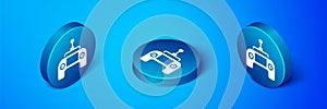 Isometric Drone radio remote control transmitter icon isolated on blue background. Blue circle button. Vector