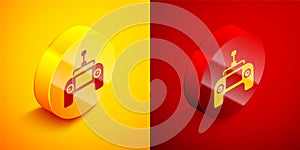 Isometric Drone radio remote control transmitter icon isolated on orange and red background. Circle button. Vector