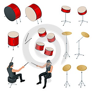 Isometric drummer behind the drum icon set. Rehearsal base, drummer playing the drums set isolated