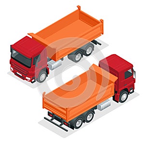 Isometric Dump Truck vector illustration. Isolated on white Hydraulic tipper trailer, coal mine dumper, construction