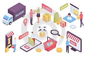 Isometric E-commerce. Customers shopping in online store and paying with card. Delivery by truck, drone or courier