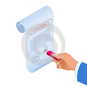 Isometric e-contract with e-signature near. Electronic Document, digital form attached to electronically transmitted