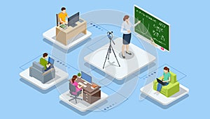 Isometric E-learning and Online Education for Student and University Concept. Webinar, Digital Classroom, Online