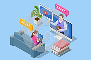 Isometric E-learning and Online Education for Student and University Concept. Webinar, Digital Classroom, Online