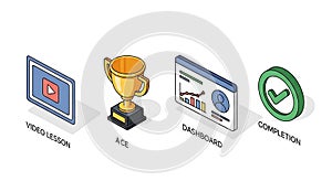 Isometric E-learning Process and Gamification Icons