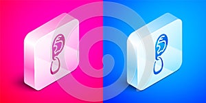 Isometric Ear with earring icon isolated on pink and blue background. Piercing. Auricle. Organ of hearing. Silver square