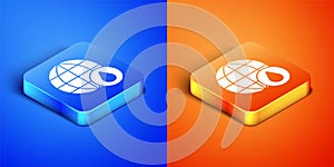 Isometric Earth planet in water drop icon isolated on blue and orange background. World globe. Saving water and world