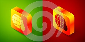 Isometric Earth planet in water drop icon isolated on green and red background. World globe. Saving water and world