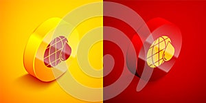 Isometric Earth planet in water drop icon isolated on orange and red background. World globe. Saving water and world
