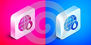 Isometric Earth planet in water drop icon isolated on pink and blue background. World globe. Saving water and world