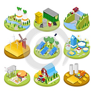 Isometric Ecology Concept. Renewable Energy. Agriculture Industry. Healthy Natural Food