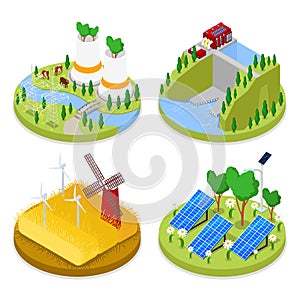 Isometric Ecology Concept. Renewable Energy. Agriculture Industry. Healthy Natural Food