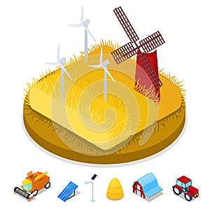 Isometric Ecology Concept. Renewable Energy Wind Mill. Agriculture Industry