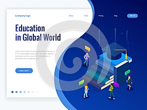 Isometric Education in Global world. Books step education. Online education concept. Online training courses