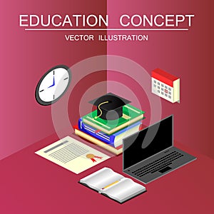 Isometric education and graduation vector concept. 3d back to sc