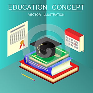 Isometric education and graduation vector concept. 3d back to sc