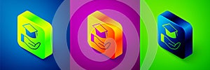 Isometric Education grant icon isolated on blue, purple and green background. Tuition fee, financial education, budget