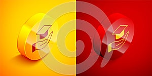 Isometric Education grant icon isolated on orange and red background. Tuition fee, financial education, budget fund