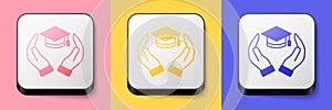 Isometric Education grant icon isolated on pink, yellow and blue background. Tuition fee, financial education, budget