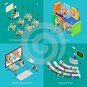 Isometric Educational Concept. University Computer Classroom, Online Education, Library, College Lecture Hall